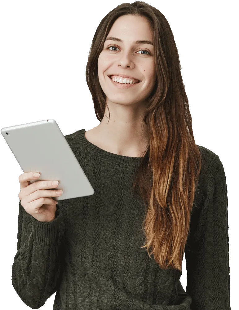 portrait of young woman holding in arms tablet